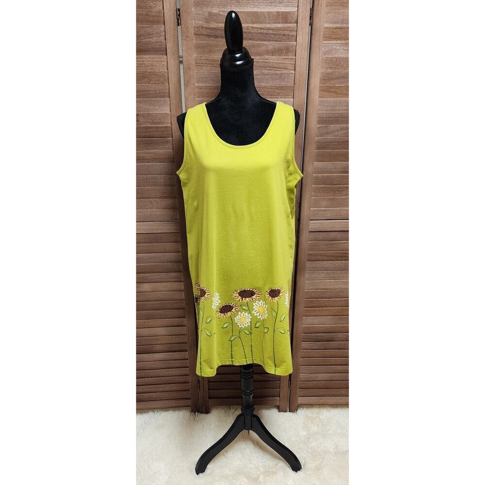 Coral Bay Casual Sleeveless Lime Green Sunflower Cotton Shift Dress Size XL